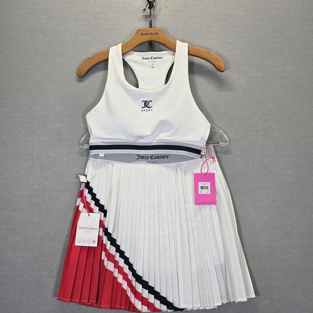 Juicy Couture Sport 2 Piece Tennis Set Pleated Skirt Sports Bra White M NEW